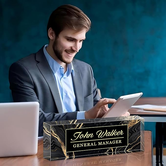 Personalized Name Plate for Desk, Custom Acrylic Desk Name Sign, Office Appreciation Gifts for Women Men Coworkers Boss Teacher Employee (Black Marble)