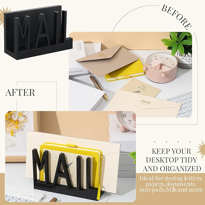 Mail Organizer Holder Organizer Countertop Modern Wooden Black Letter Holder with Cutout Lettering Design Outgoing Mail Holders for Office Desktop Envelope and Document Storage Rack
