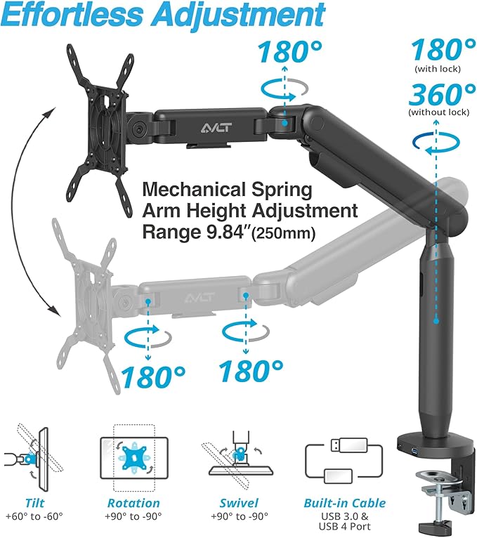 AVLT Single 17"-40" Ultrawide 3-Segment Easel Monitor Arm for Screens Up to 24.3 lbs, Aluminum Designer Stand, Adjustable Pneumatic Height, Full Motion Swivel Tilt Rotation, USB-C USB-A Ports, Black