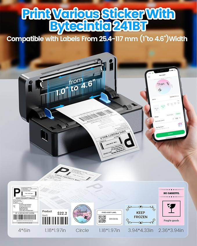 Bluetooth Thermal Shipping Label Printer, 4x6 Shipping Label Printer for Small Business, Support Android, iOS, Windows & Mac, Works with Amazon, Ebay, Shopify, Etsy