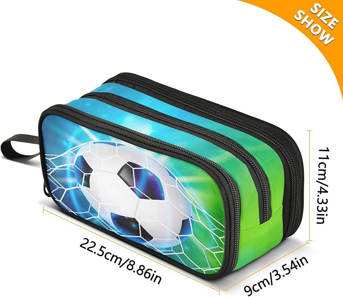 Soccer Football on Field Pencil Case Box Boys Girls Large Pencil Pouch with Zipper Compartments Big Capacity Stationery Pen Bag Organizer for Kids Teens Adults School