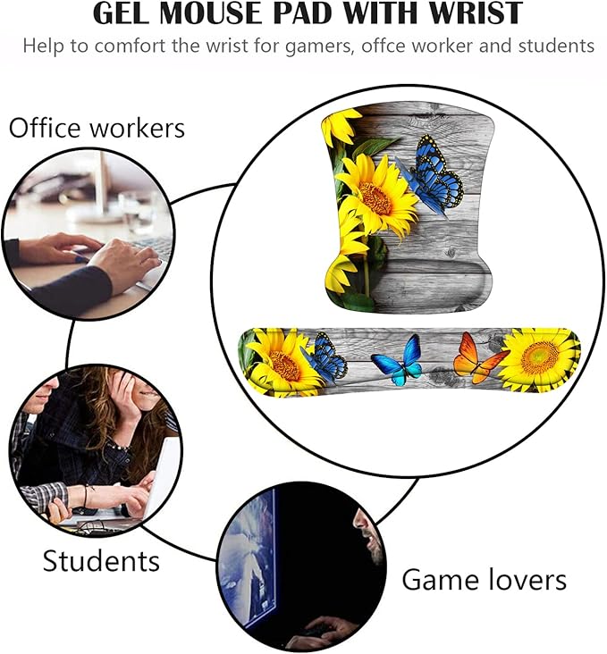 Keyboard Wrist Rest and Mouse Pad Wrist Support Set with Coasters, Non-Slip PU Base Ergonomic Gaming Mousepad for Home Office Working Studying Easy Typing & Pain Relief - Sunflower and Butterfly