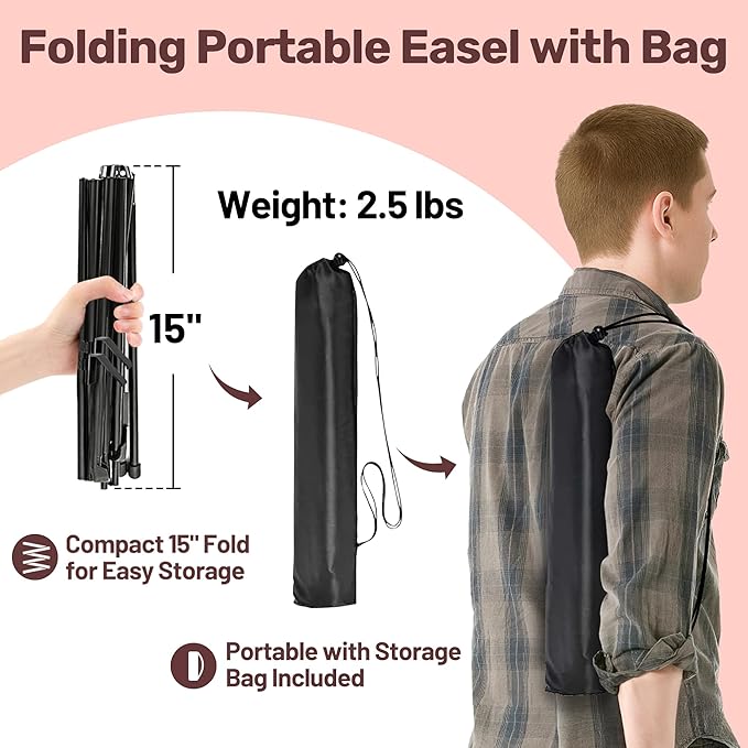 2Pack Black Easel Stand for Sign & Poster - 63" Adjustable Metal Display Easels for Wedding Welcome Signs, Painting, Canvas, Art & Picture - Portable Folding Tripod with Carry Bag, Holds 5 Lbs