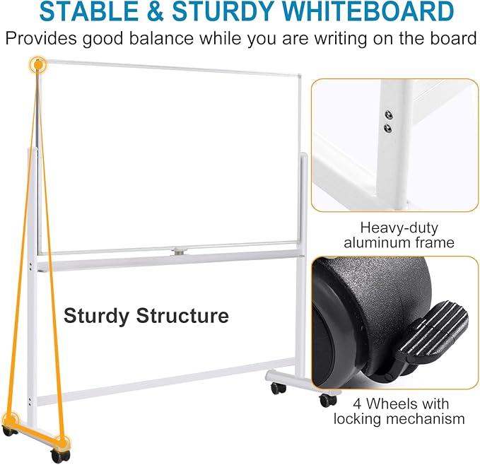 Mobile Whiteboard with Stand - 60x40 Double Sided Dry Erase Board with Stand, Large White Board on Wheels for Office, Rolling Magnetic Whiteboard with Pen Tray for Meeting, Training by CALENBO
