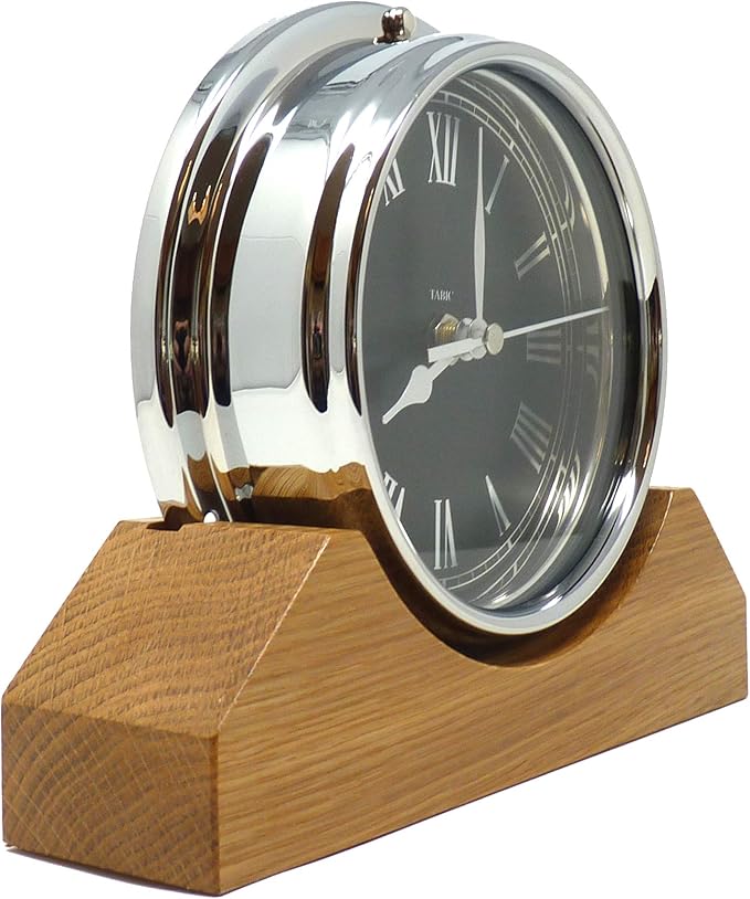 Handmade Prestige Roman Clock in Chrome Mounted on an English Oak Mantel/Display Mount, 21.5cm x 7.5cm