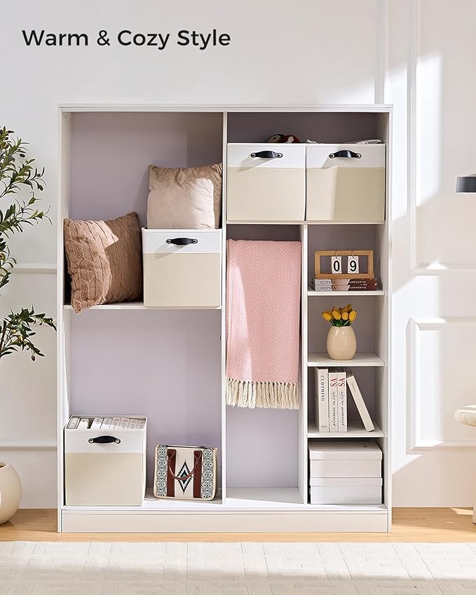 Storage Cube Bins | 7.7 oz/yd² Fabric Cubby Organizer Baskets for Shelf, Closet, Cabinet, Wardrobe | KALLAX Shelving Unit Insert Drawer | 4 Pack, Beige & White, 13x15x13 Inch
