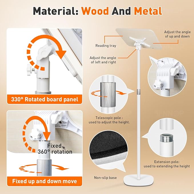 Floor Standing Book Stand, Foldable Book Holder for Reading with Page Clips, 19"–51" Height Adjustable, Sturdy Podium Stand for Reading, Bible, Laptop, Cookbooks, or Projector