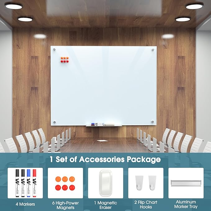MaxGear Glass Whiteboard Wall Mounted, Frameless Magnetic Dry Erase Board, Tempered Glass, Steel-Backed, Non-Porous Smooth Surface, Floating Design, Accessories Included, for Office Home Classroom