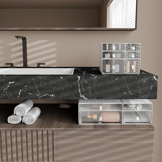 ‌Yashong Desk Organizer Set, White & Clear Stackable Dustproof Storage Boxes for Desktop, Office, DIY Craft & Vertical Space Saving, Perfect for Makeup, Stationery, Jewelry Organization