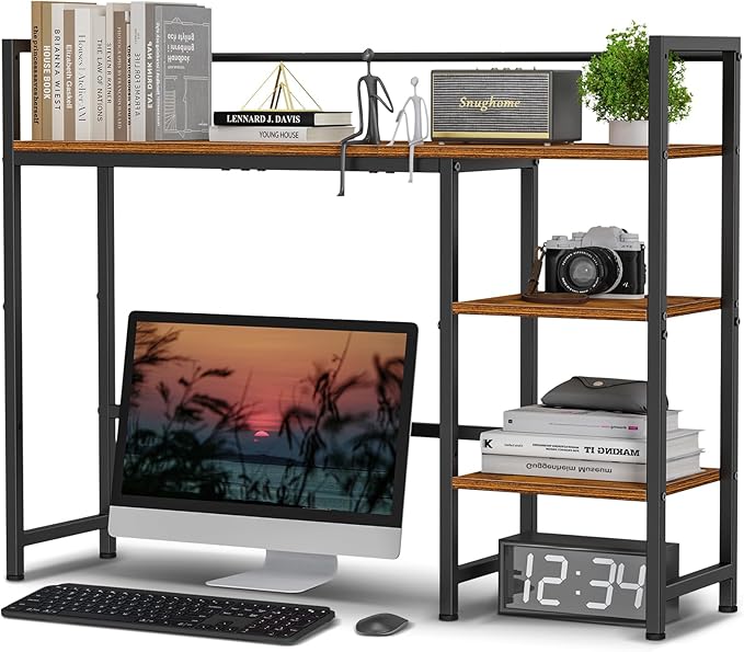 Snughome Desk Shelf, 38.6" Desktop Organizer Shelf, Desk Hutch for Computer Monitor, 4 Tier Desk Display Rack, Wood Desktop Bookshelf Storage Rack for Home Office Dorm, Rustic Brown
