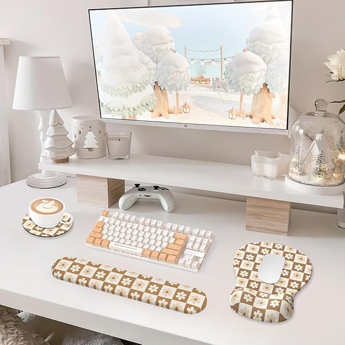 Mouse Pad with Wrist Rest, 3-in-1 Premium Lycra Fabric Memory Foam Ergonomic Wrist Support for Keyboard, Laptop & Desktop, Pain Relief Mousepad with Non-Slip PU Base for Office & Home (Flower Plaid)