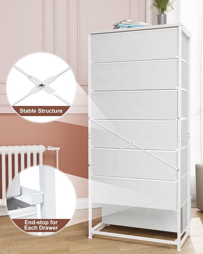 Crestlive Products Tall Dresser, 7-Drawer Wide Fabirc Storage Tower, Chests of Drawers - Vertical Organizer Unit for Bedroom, Hallway, Entryway, Nursery, Wood Top, Closets with Handles (White)