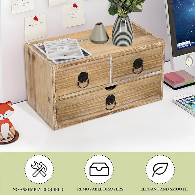 Washed White Wood Desk Organizer, Mini Desktop Organizer with Drawers, Tabletop Storage Organization for Home Office Supplies Vanity, No Assembly Required (3 Drawer)