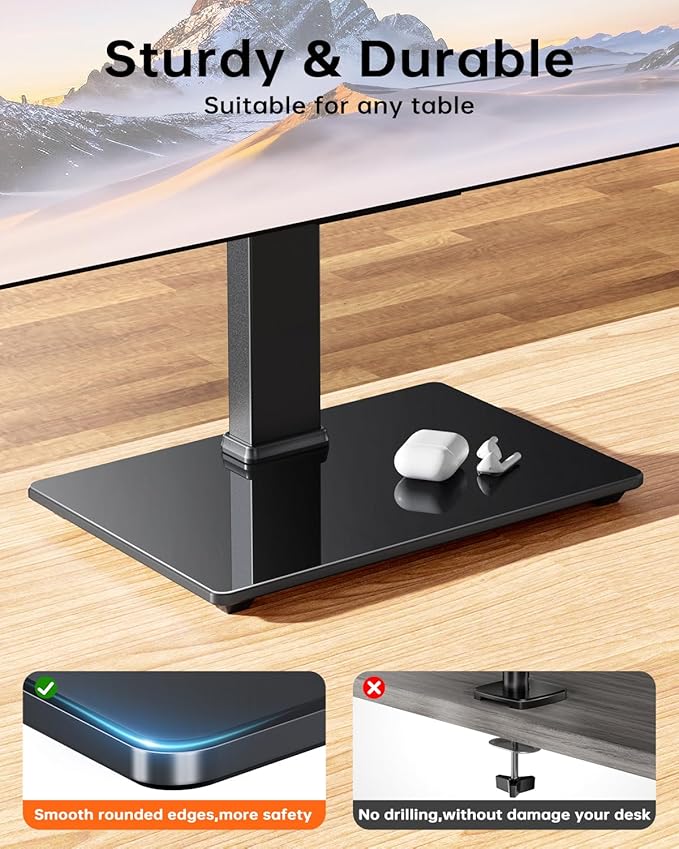 Single Monitor Stand, FreeStanding Desk Stand for 13-32 inch Screens, VESA Mount Monitor Riser with Swivel, Tilt, Rotation, 4 Height Options, Tempered Glass Base, Max Load 77lbs VESA 75x75mm-100x100mm