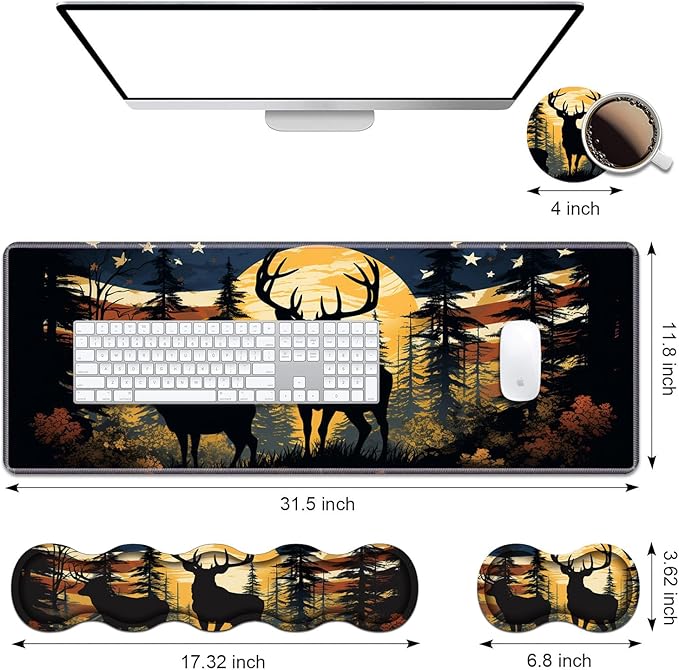 Ergonomic Keyboard Wrist Rest & Mouse Pad Wrist Rest Set, Large XXL Gaming Desk Mat 31.5"x 11.8" with Memory Foam, Easy Typing Pain Relief for Office & Home, American Flag Jungle Deer