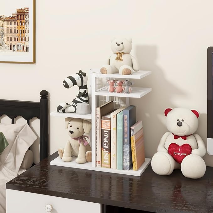 ELITEROO Desk Bookshelf, 4 Tier Wood Desktop Bookshelf, Adjustable Table Top Book Shelf and Storage Rack for Office Supplies, Dorm, Home Office, White