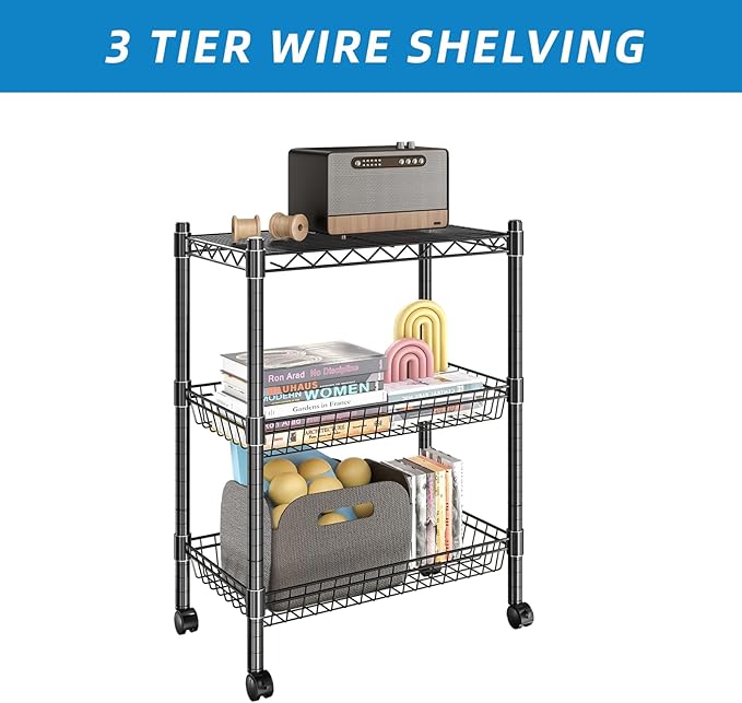 3 Tier Rolling Cart Service Cart Wire Basket Shelf Storage Trolley Shelf 2 Bottoms for Choose(Castor or Leveling Feet) for Office,Kitchen,Black(23.23" L x 13.11" W x 32.28" H)