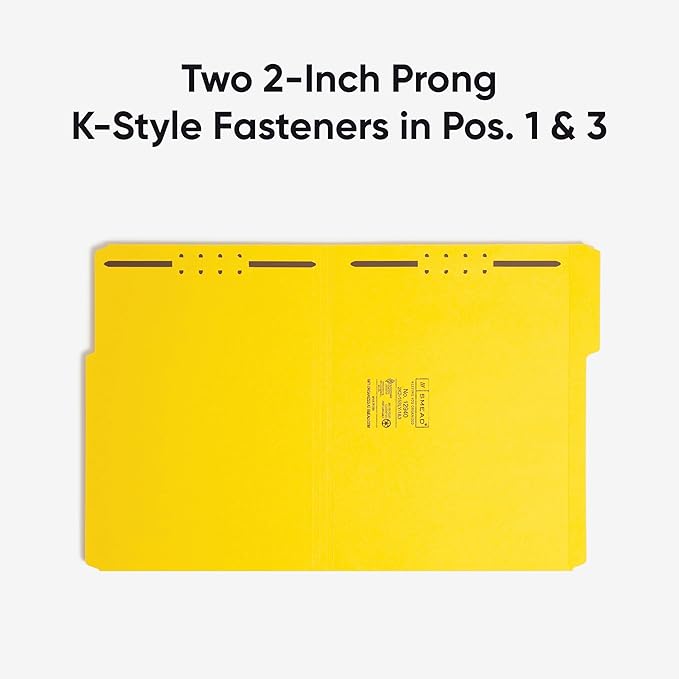 Smead Fastener File Folders, Reinforced 1/3-Cut Tabs, 2 Fasteners, Letter Size, Yellow, 50 per Box (12940)