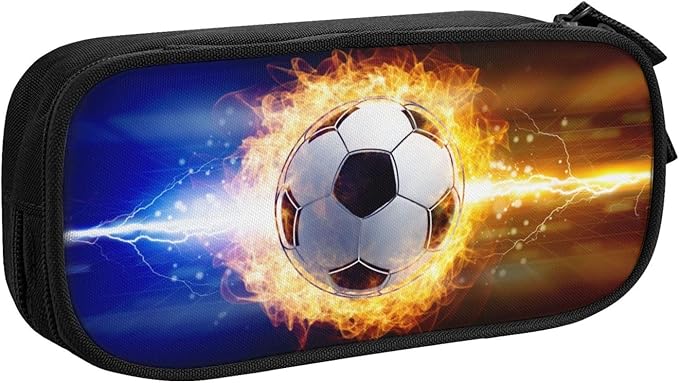 Kids Pencil Case for Boys, Large Capacity Pencil Box Storage Pen Bag with Zippers, Sports-Themed Black Pencil Pouch Stationery Case Printed Soccer Pattern for Office School