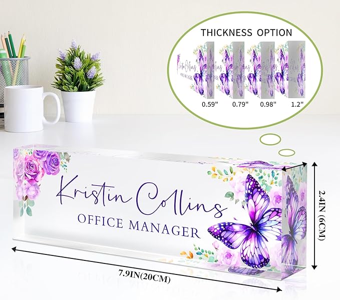 Custom Name Plate for Desk, Personalized Desk Name Plate on Clear Acrylic Glass, Appreciation Gifts for Teacher Employee Boss Coworkers Nurse, Office Desk Accessories for Women Men (Amethyst)