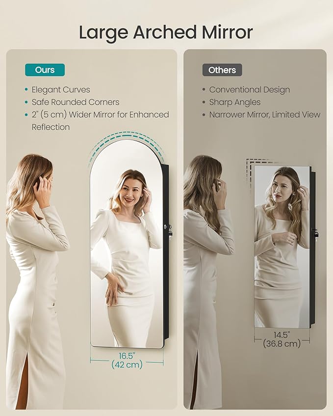 SONGMICS Wide Jewelry Organizer, LED Jewelry Cabinet Wall/Door Mounted, Arched Mirror with Storage, Lockable, Rounded Corner, Interior Mirror, 3.9 x 16.5 x 42.5 Inches, Ink Black UJJC020B01