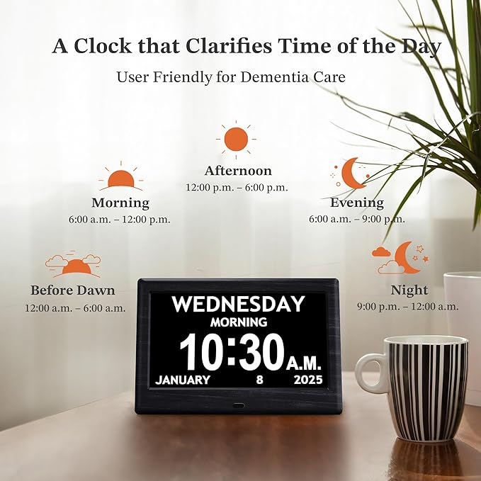 7'' Digital Clocks, 12 Reminders & 6 Alarms, Dementia Clock with Date and Time for Elderly, Auto-Dimming, Button & Remote Control, Auto DST, Digital Calendar for Seniors Large Display, Black Woodgrain