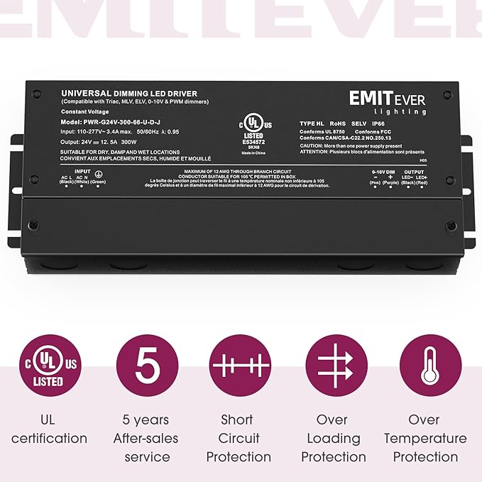 EMITEVER Dimmable Led Driver, 2 Packs 300W AC 110V-277V to DC 24V Transformer, 5-in-1 Dimming: ELV/MLV/TRIAC / 0-10V / 1-10V / 10V PWM/Potentiometer, Waterproof IP67 and UL Listed