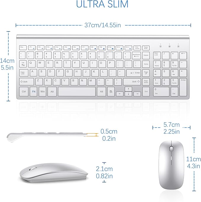 Wireless Keyboard and Mouse Ultra Slim Combo, TopMate 2.4G Silent Compact USB 2400DPI Mouse and Scissor Switch Keyboard Set with Cover, Batteries Included, for PC/Laptop/Windows/Mac - Silver White