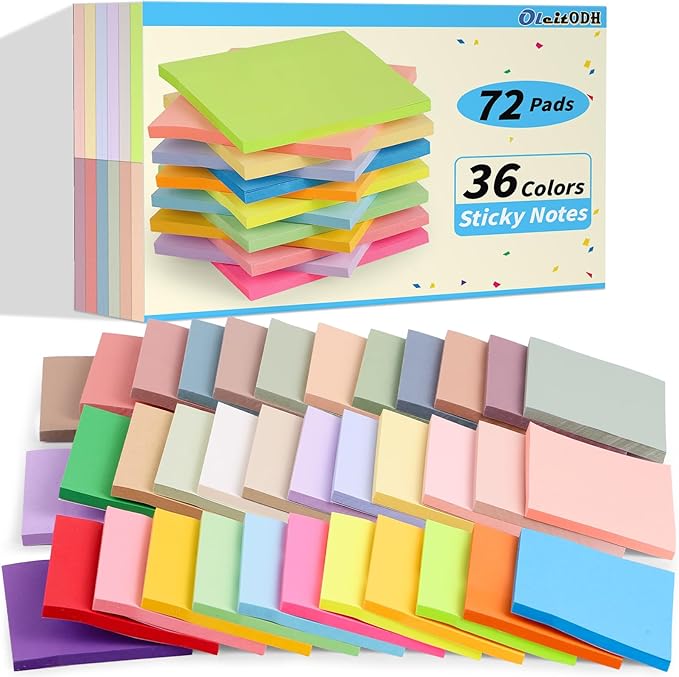 72 Pack Sticky Notes Bulk 3 x 3 in Self-Stick Note Pads Colorful Posted Note in 32 Colors Adhesive Paper Memo 50 Sheets/Pad Easy to Post for Office Home School Meetings Notebook Wall Door Window