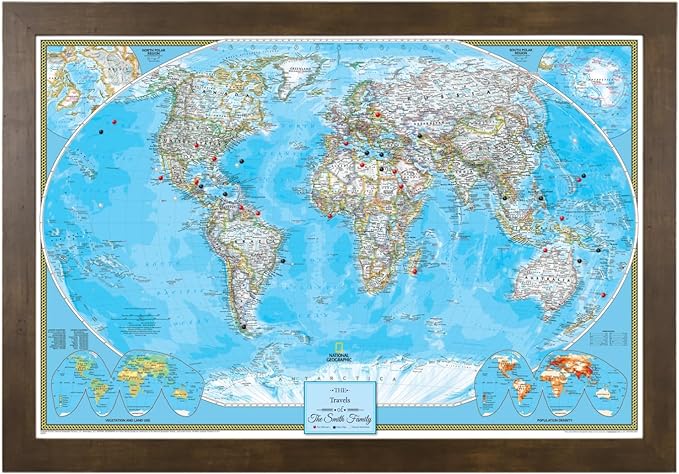 Canvas Classic World Map Pin Board – Framed Travel Map with Pins for Wall – Personalized Push Pin World Map for Tracking Journeys – 27.5" x 39.5" Rustic Brown Frame