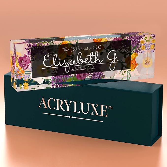 Desk Name Plate Personalized, Custom Name Plates 2½/x8 Inches, Thick Crystal-Clear Acrylic, Gift Box, Office Desk Decor. USA Made by ACRYLUXE (Vaseful)