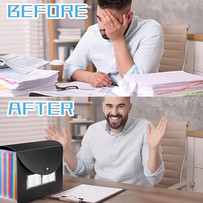 25 Pockets Plastic Expanding File Folders with Tabs, Black Accordion File Organizer, Portable Expandable Filing Box, Desktop Folder for School Office Letter A4 Paper Document Receipt Storage