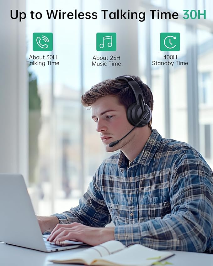 Masajoy Wireless Headset with Mic for Work with AI Noise Cancelling Mic for Clear Calls, Bluetooth V5.3 Headphones with Microphone to USB A/C Dongle & Mic Mute for Computer Laptop PC iPhone (Black)