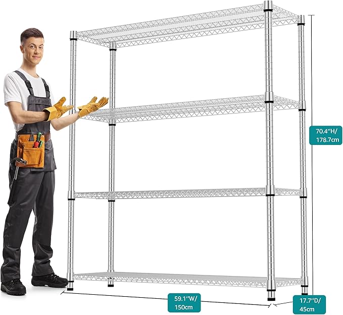 4 Tiers Shelf 2640 lbs Steel Storage Shelving Utility Shelving Unit Steel Organizer Wire Rack for Home,Kitchen,Office,Garage Chrome 17.7" D x 47.2" W x 70.3" H