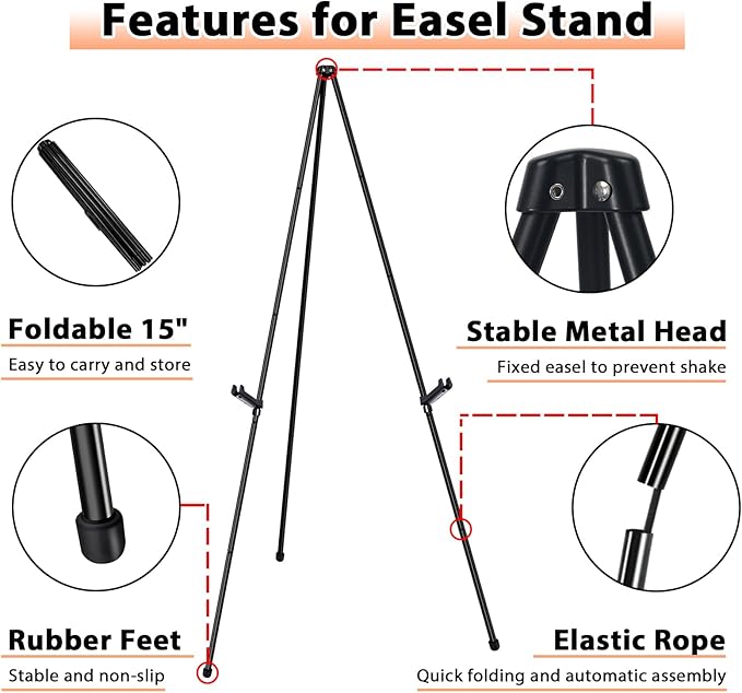 Instant Display Easel Stand, 63" Collapsible Portable Adjustable Height Art Easel - Easy Folding Telescoping Metal Floor Poster Tripod for Display, Black(3 Pack)