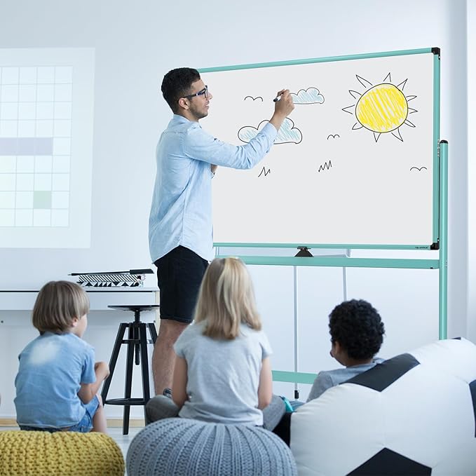 Large Dry-Erase Rolling Magnetic Whiteboard - 48 x 32 Inches Dry Erase Board with Stand Height Adjust Double Sides Mobile White Board Easel on Wheels with 25 Sheets Paper Pad Office, Home & Classroom