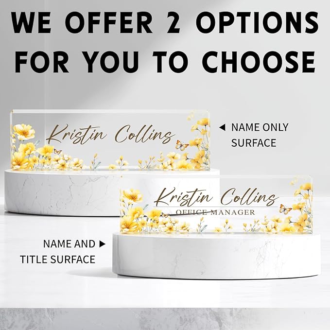 Custom Name Plate for Desk, Personalized Desk Name Plate on Clear Acrylic Glass, Appreciation Gifts for Teacher Employee Boss Coworkers Nurse, Office Desk Accessories for Women Men (Daffodil)