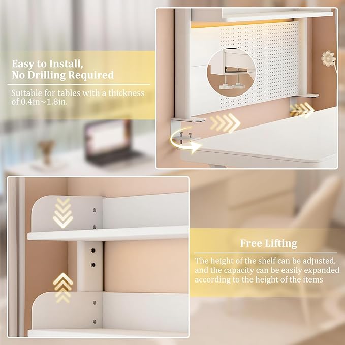 Clamp On Desk Shelf Desktop Hutch Bookshelf Desk Organizer Storage Shelves with Pegboard DIY Display Stand Adjustable Space-Saving Suitable for Dormitories,Studies,Offices,Workbenches
