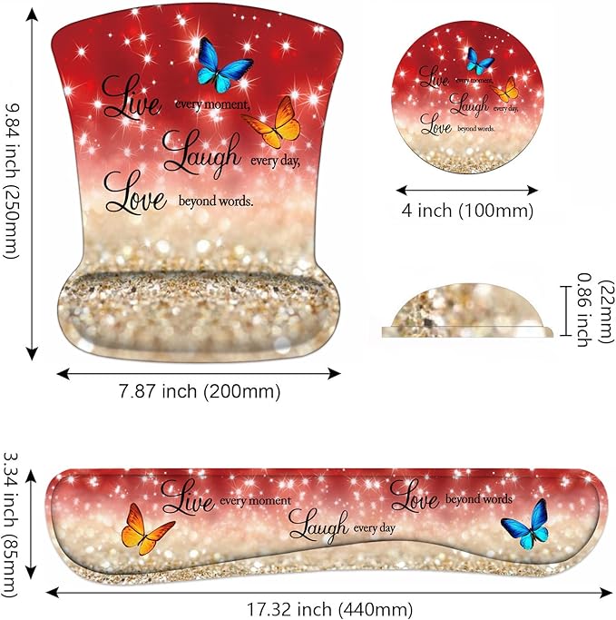 Keyboard Wrist Rest and Mouse Pad Wrist Support Set with Coasters, Non-Slip PU Base Ergonomic Mousepad for Computer Laptop Home Office Easy Typing & Pain Relief, Red Glitter Quote Live Laugh Love