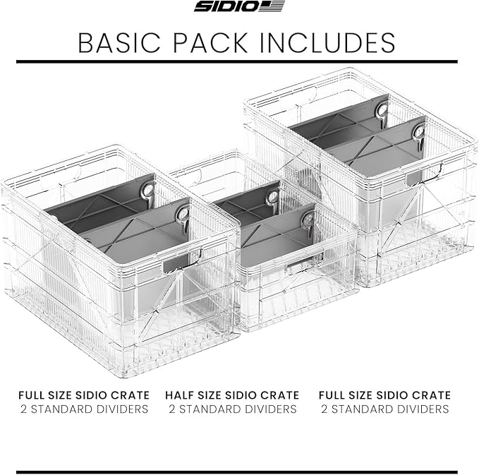 SIDIO Crate Basic Pack - 2 Full-Size & 1 Half-Size Heavy Duty Stackable Storage Bins, Totes and Containers with Dividers - Durable Plastic Organizer for Home, Office, Garage, and Outdoor Use