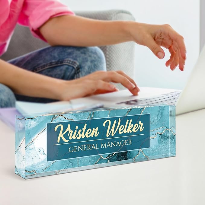 Name Plate for Desk, Desk Name Plate Personalized, Cyan Office Decor for Women Men, Acrylic Desktop Accessories, Office Gifts for Boss Nurse Teacher Coworker, Employee Appreciation Gift (Cyan Coast)