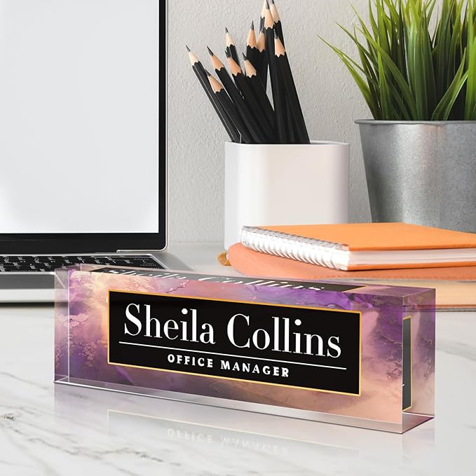 Custom Acrylic Name Plate for Desk, Employee Appreciation Gifts, Office Decor, Personalized, Funny Gifts for Coworkers Boss Teacher (Purple/Gold)