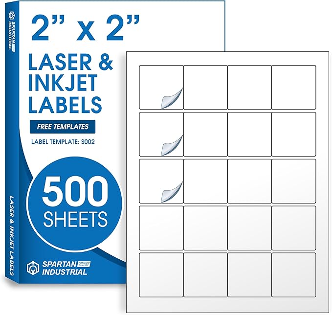 2" X 2" Square Printable Labels for Inkjet and Laser Printers - 500 Sheets, 10000 Matte White Custom Stickers for Business Logos, QR Code Stickers, Product Labeling - Spartan Industrial Template S002