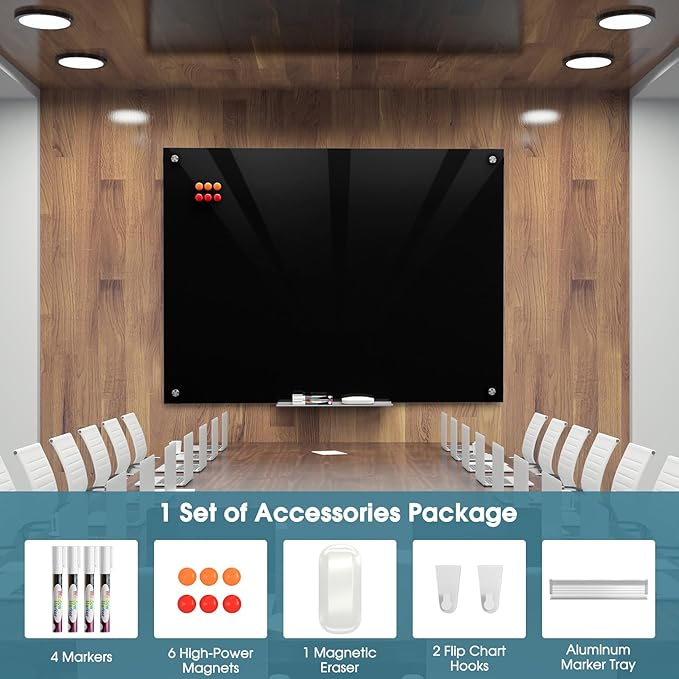 MaxGear Glass Whiteboard Wall Mounted, Frameless Magnetic Dry Erase Board, Tempered Glass, Steel-Backed, Non-Porous Smooth Surface, Floating Design, Accessories Included, for Office Home Classroom