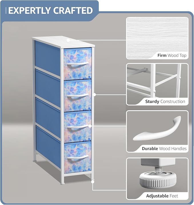 Sorbus Kids Narrow Dresser with 4 Drawers - Vertical Slim Storage Chest of Drawers with Steel Frame, Wood Top & Easy Pull Fabric Bins for Small Spaces, Closets, Bedroom, Bathroom & Laundry