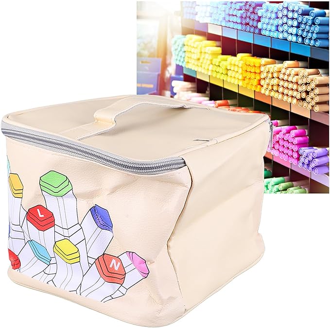 Sorandy Marker Case 120 Storage Holders, PU Leather Art Pen Organizer with Large Opening and Carry Handle for Markers Pencils Lipstick Mascara Travel