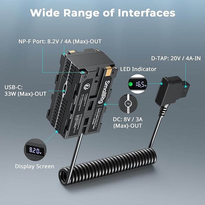 SmallRig D-tap to Dual-Sided NP-F Dummy Battery, with USB-C, DC Port, LED Display, for NP-FZ100/ LP-E6NH/ LP-E6P/ EN-EL15C/ DMW-BLK22 Dummy Batteries,Monitor and Wireless Video Transmitters