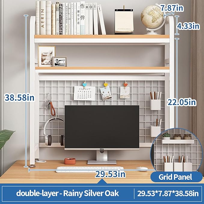 Desk Shelf Bookcase 2-Tier Metal Desktop Bookshelf Hutch with Grid Panel and DIY design possible Multipurpose Storage Organizer Display Rack for Dorm Office Home Computer Desk(White 29.5"×7.9"×38.6")