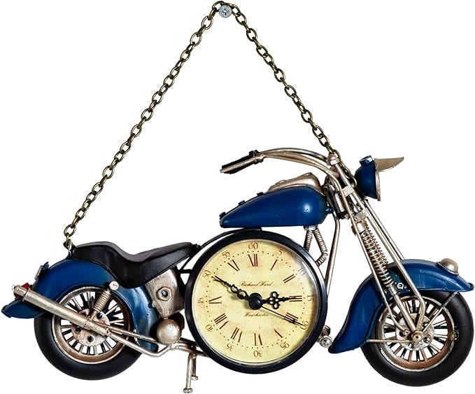 Berfutall-Metal Motorcycle Art Wall Decoration Desk Stand Clock, Battery Operated Creative Home Decoration Gift for Living Room Bedroom Office (B)