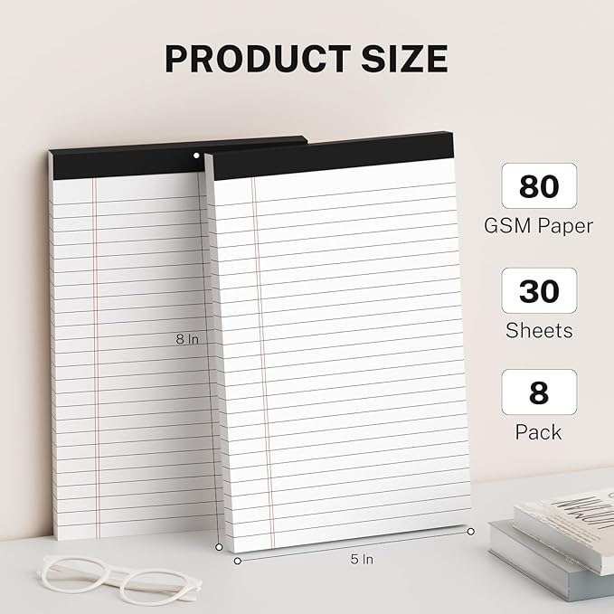 8 Pack Note Pads 5 x 8 Inch, White Narrow Ruled Small Legal Pads, Perforated Notepad 5 x 8 Lined Writing Pads, College Lined Legal Notepads for To-do Lists, Daily Note-taking, School and Office